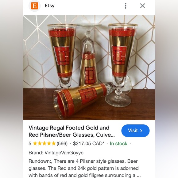 MCM vintage 60’s set of 4 Libbey’s Pilsner, beer, footed flutes, red & gold 10oz - Picture 6 of 17